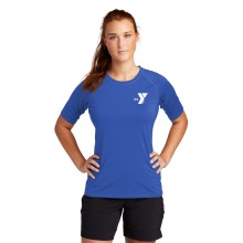 Ladies Short Sleeve YMCA Rashguard  (Royal) - Left Chest Y Logo w/ Swim Instructor Back